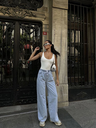 Modavera Arkadan Yırtmaçlı Jeans Kot Palazzo Pantolon - Mavi