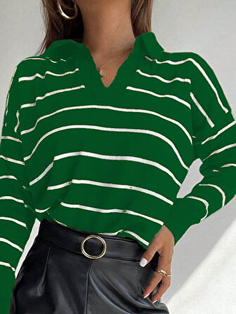Modavera Kadın Uzun Kollu V Yaka çizgili Triko Bluz