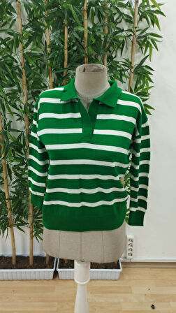 Modavera Kadın Uzun Kollu V Yaka çizgili Triko Bluz