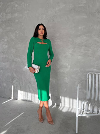 Modavera Kadın Uzun Kollu Halka Ve Pencere Dekolte Detay Fırsat ürün Midi Boy Elbise