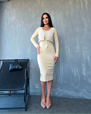 Modavera Kadın Bisiklet Yaka Midi Boy Elbise Ve Dantel Güpür Detay Yelek Fırsat ürün Ikili Takım