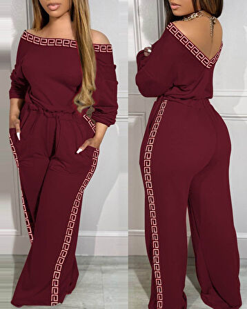 Modavera Kadın Uzun Kollu Omuzlardan Açık Beli Lastikli Cepli şerit Desenli Viskon Iki Iplik Tulum