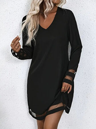 Modavera Kadın Uzun Kollu V Yakalı şeritli Tül Detaylı Ithal Krep Elbise