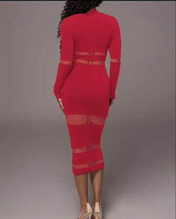 Modavera Kadın şerit Transparan Detay Fırsat ürün Midi Boy Elbise