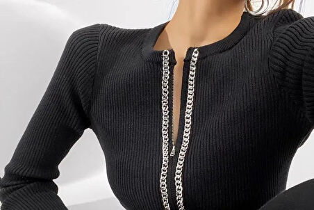 Modavera Kadın Kaşkorse Kumaş Zincirli Çift Fermuarlı Fırsat Ürün Bluz