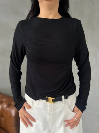 Modavera Bisiklet Yaka Uzun Kollu Crop - Siyah