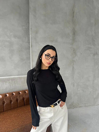 Modavera Bisiklet Yaka Uzun Kollu Crop - Siyah