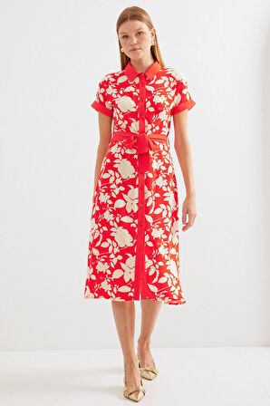 Modavera 2455 Desenli Gömlek Elbise - Kırmızı