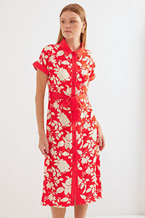 Modavera 2455 Desenli Gömlek Elbise - Kırmızı