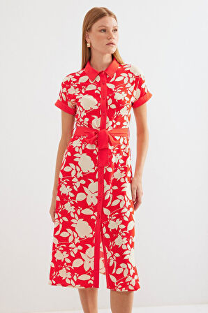 Modavera 2455 Desenli Gömlek Elbise - Kırmızı