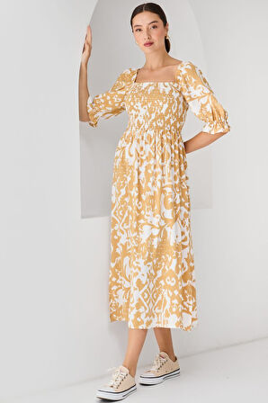 Modavera 2512 Desenli Yırtmaçlı Elbise - Sarı