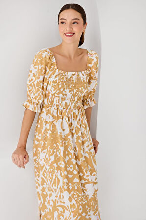 Modavera 2512 Desenli Yırtmaçlı Elbise - Sarı