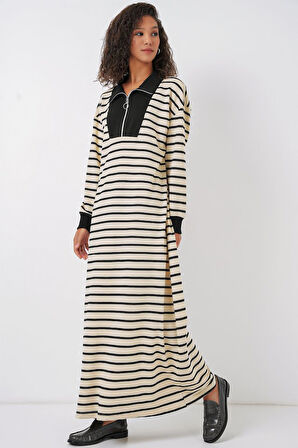 Modavera 55453 Fermuar Detaylı Çizgili Uzun Elbise - Siyah