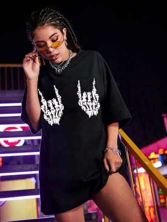 Modavera Baskılı Oversize T-shirt - Siyah