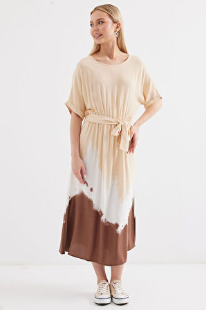 Modavera 2504 Desenli Kısa Kol Viskon Elbise - Krem