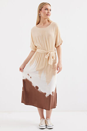 Modavera 2504 Desenli Kısa Kol Viskon Elbise - Krem