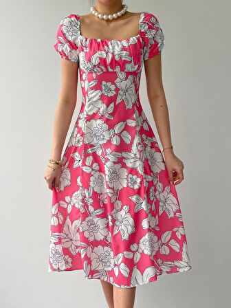 Modavera Kare Yaka Çiçekli Elbise