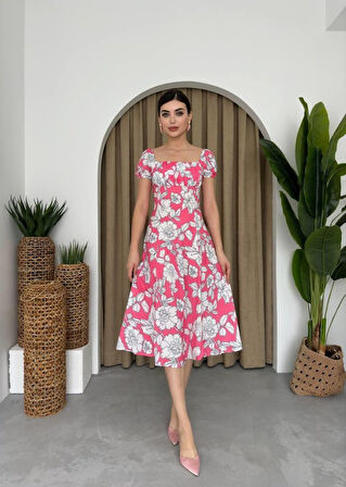 Modavera Kare Yaka Çiçekli Elbise