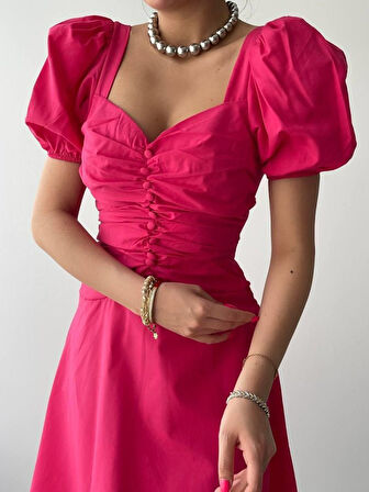 Modavera Kare Yaka Düğmeli Elbise