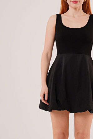 Modavera Kalın Askılı Balon Etek Siyah Mini Elbise