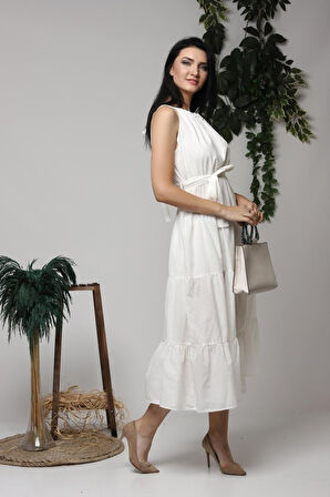 Modavera Ekru Halter Yakalı Kuşaklı Elbise