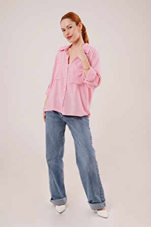 Modavera Yarasa Kol Çizgili Cep Detaylı Pembe Gömlek