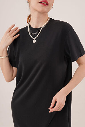 Modavera Yırtmaç Detaylı Kısa Kollu Salaş Maxi Siyah Elbise