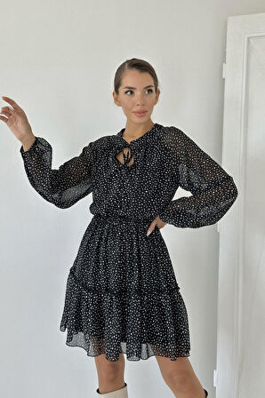 Modavera Siyah Eteği Katlı Puantiyeli Elbise