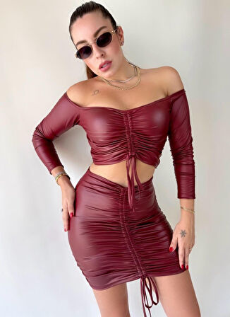 Modavera Kadın Büzgülü Deri Etek Takım Fırsat Ürün