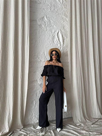 Modavera KETEN MADONNA YAKA KOL HASIR ŞERİT - PANTOLON TAKIM - Siyah