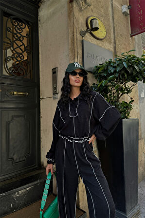 Modavera BİYELİ BLUZ PANTOLON TAKIM ŞÖNİL KUMAŞ - Siyah