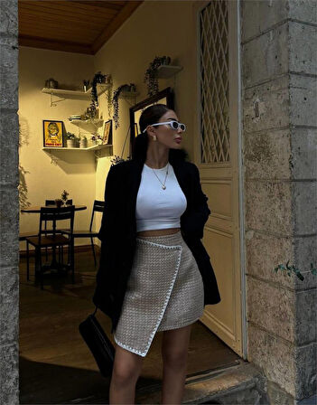 Modavera ŞANELKAPAKLI ÇOBAN DİKİŞ DETAYLI KISA ETEK - Bej