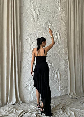 Modavera GÜLLÜ ELBİSE ASİMETRİK KATLI - Siyah