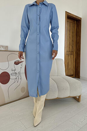 Modavera Mavi Boydan Düğmeli Deri Elbise