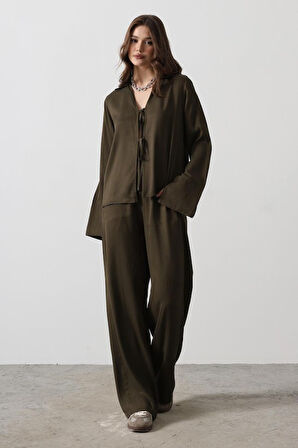 Modavera Önden Biyeli Bluz Ve Pantolon Takım - Haki