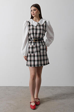 Modavera Ekoseli Gömlek Detaylı Elbise - Siyah