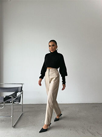 Modavera DERİ PANTOLON DİZ PARÇALI - Taş