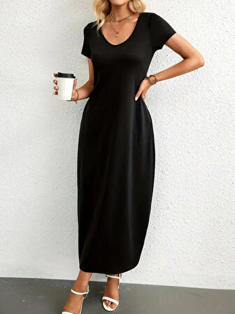 Modavera Kadın Kısa Kollu Yakası Yuvarlak Cepli Viskon Elbise