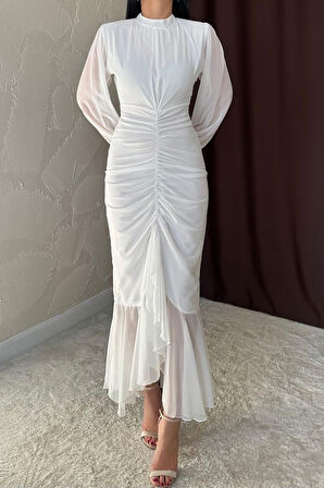 Modavera Beyaz Önü Büzgülü Şifon Elbise