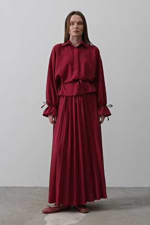 Modavera Bel Detaylı Bluz Pileli Etek - Bordo