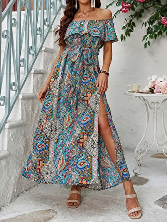 Modavera Kadın Kısa Kollu Madonna Yaka Fırfırlı Belden Yırtmaçlı Maksi Süprem Elbise