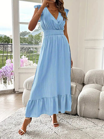 Modavera Kadın Kısa Kollu Kruvaze Yakalı Beli Lastikli Müslim Elbise