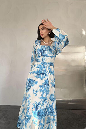 Modavera Mavi Arkası Gipeli Uzun Elbise