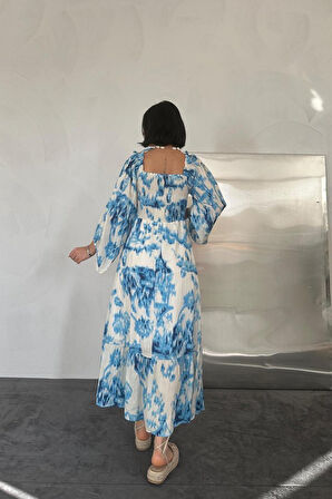 Modavera Mavi Arkası Gipeli Uzun Elbise
