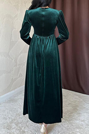Modavera Zümrüt Göğüs Altı Taşlı Elbise