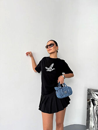 Modavera Kısa Kol Baskılı T-shirt - Siyah