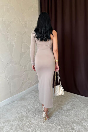 Modavera Bej Büzgü Detaylı Tek Omuz Elbise