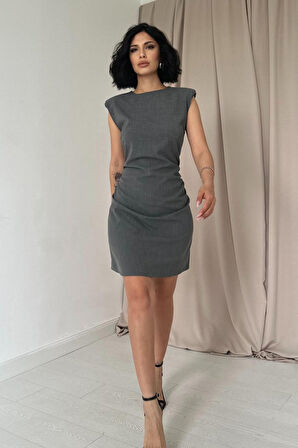Modavera Gri Yanı Büzgülü Sıfır Kol Elbise