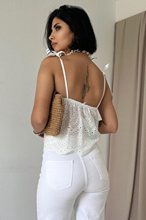 Modavera Beyaz Bağcıklı Brode Bluz