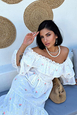 Modavera Pembe Omuzları Lastikli Brode Elbise